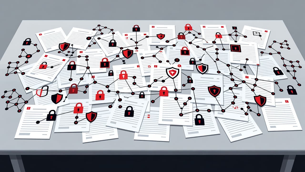 A minimalist desk surface is covered in a dense, tangled web of stacked paper documents and floating digital icons. Vibrant red accents highlight the chaotic structural friction of security requirements.