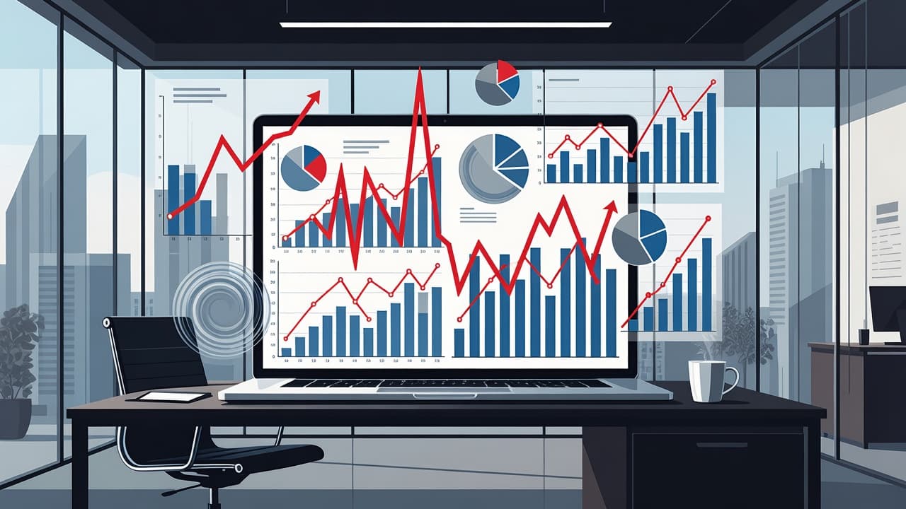 An executive desk holds a laptop screen displaying multiple overlapping charts and inconsistent data trends. Sharp geometric shapes and a bold red accent signify the intense pressure of corporate analysis.