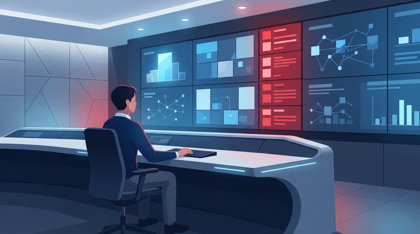 An engineer monitors system uptime data on minimalist screens in a corporate control room.