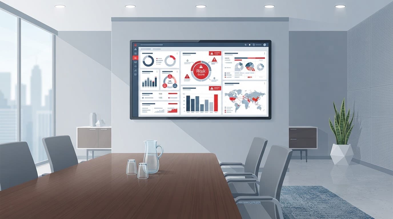 An empty modern meeting room with a digital data dashboard on a large screen.