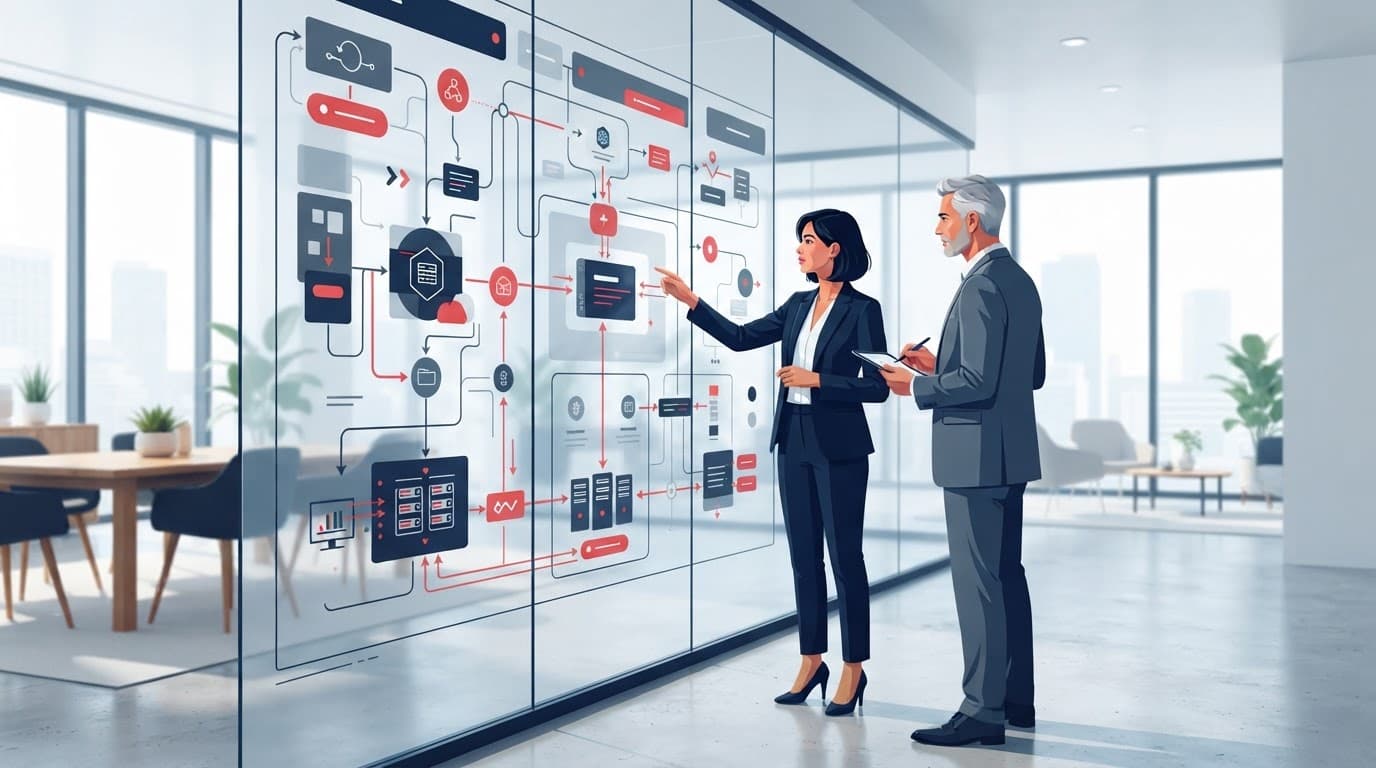 Two executives examine a technology diagram on a glass wall in a bright office.