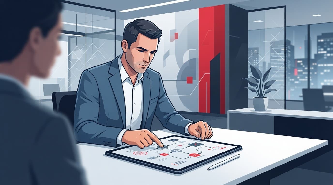 An executive reviewing business workflow charts at a modern desk.
