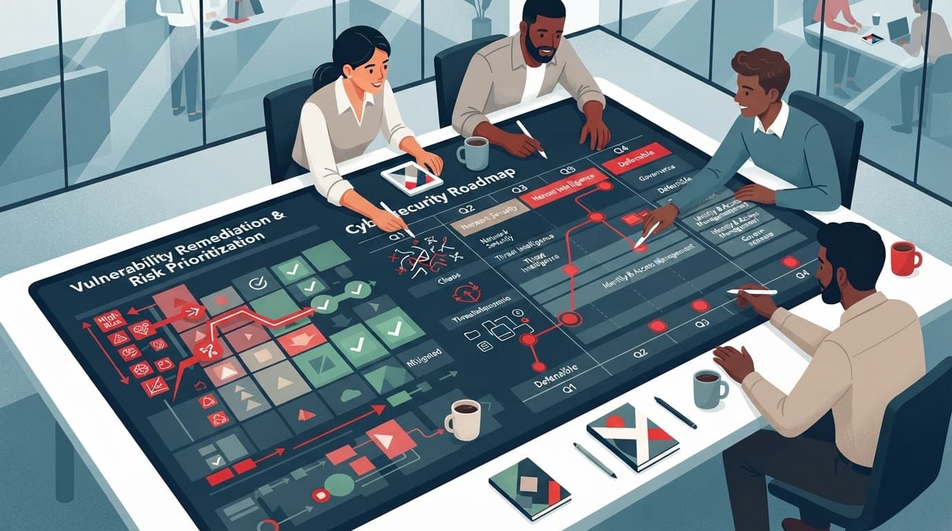 An abstract chart showing cybersecurity risk remediation planning on a collaborative table.