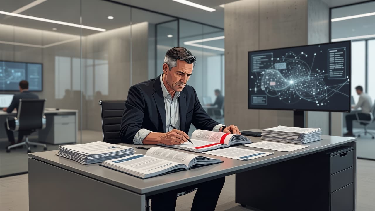 An executive reviewing cybersecurity compliance documents in a modern office.