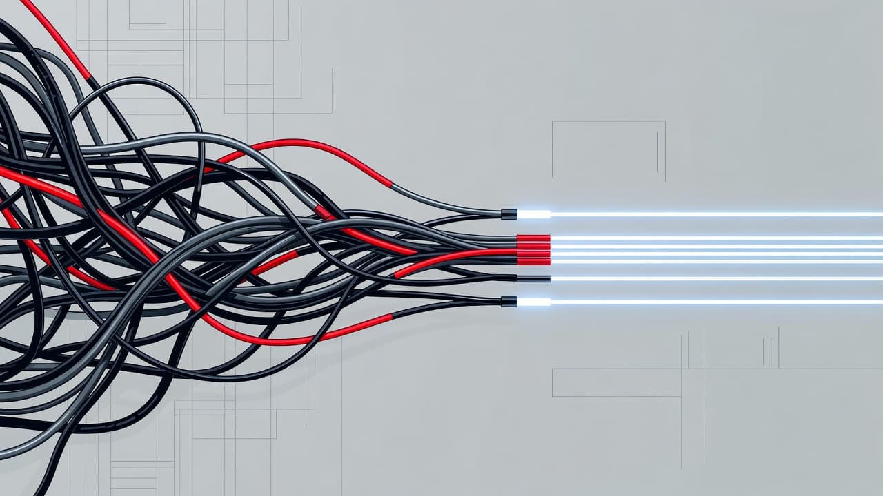 A complex tangle of dark cables on the left flows into a single, straight beam of glowing red light on the right, symbolizing the progression from technical confusion to organized clarity.