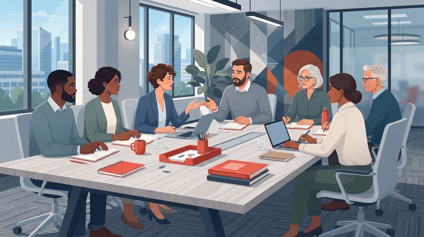 Six professionals collaborating around a modern conference table with red desk accents.