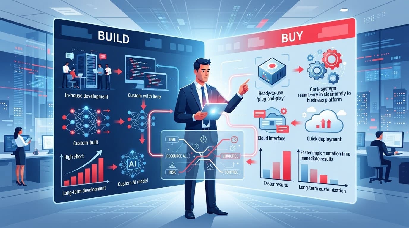 A business leader evaluates two technology pathways in a vector illustration.