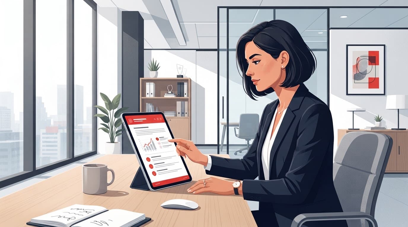 An executive in a modern red-accented office holds a tablet showing a document.