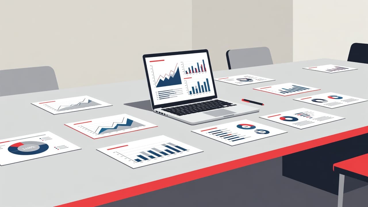 An executive boardroom table with a laptop and data charts under soft lighting.