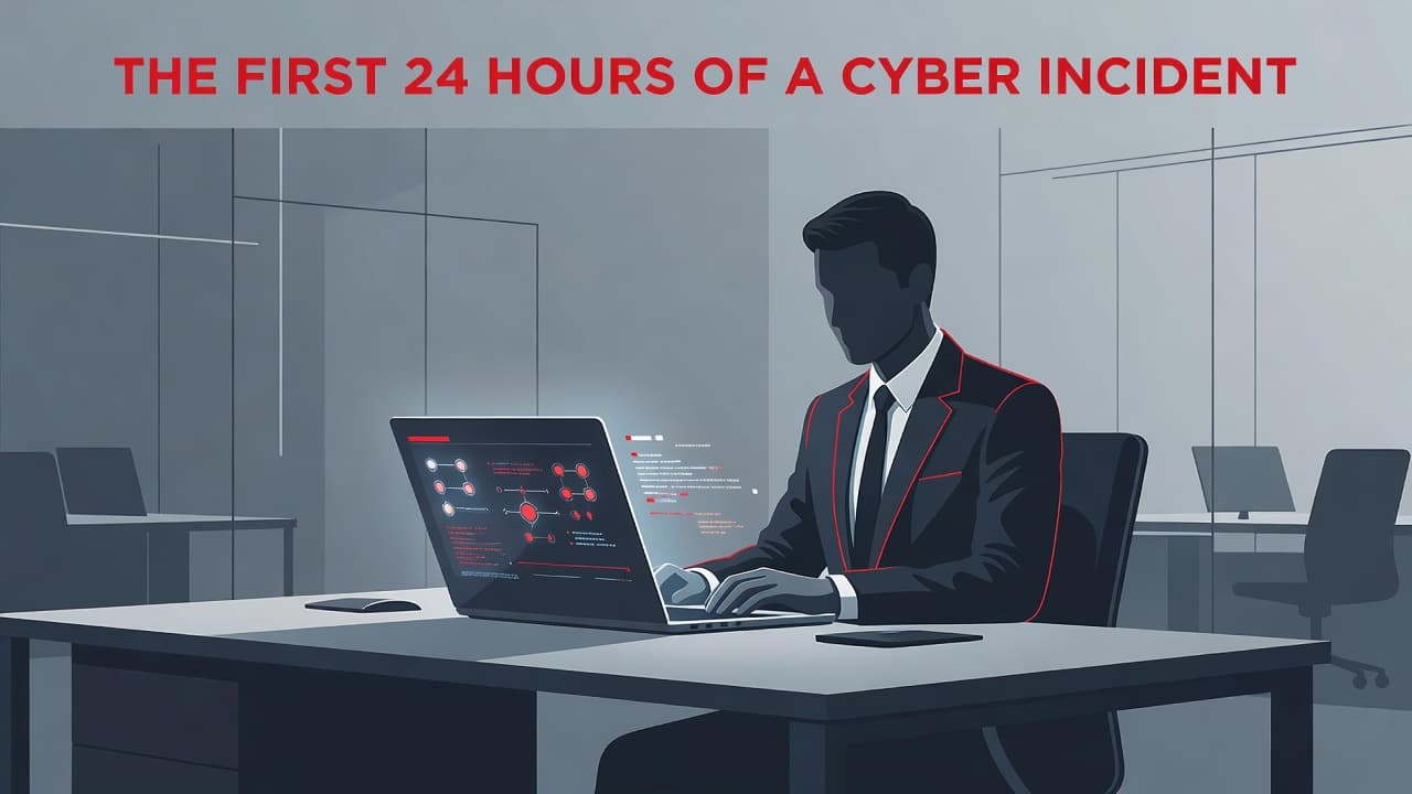 A dimly lit desk supports a laptop glowing with a faint screen, surrounded by professional red design accents. The scene captures a minimalist, modern aesthetic focused on high-stakes digital decision-making.