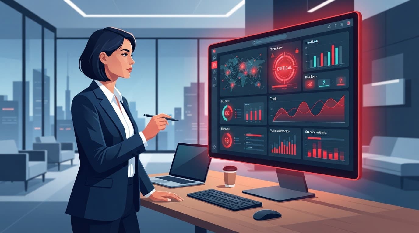 An executive reviewing cybersecurity risk metrics on a large monitor.
