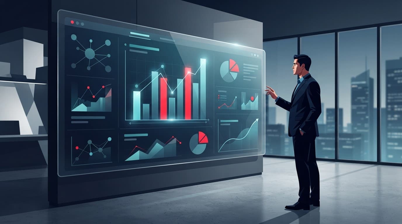 A professional reviewing corporate performance metrics on a digital dashboard.