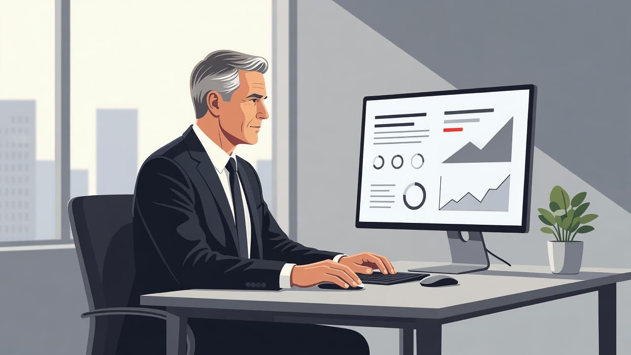 A business leader reviews data on a minimalist screen in a clean, professional office.