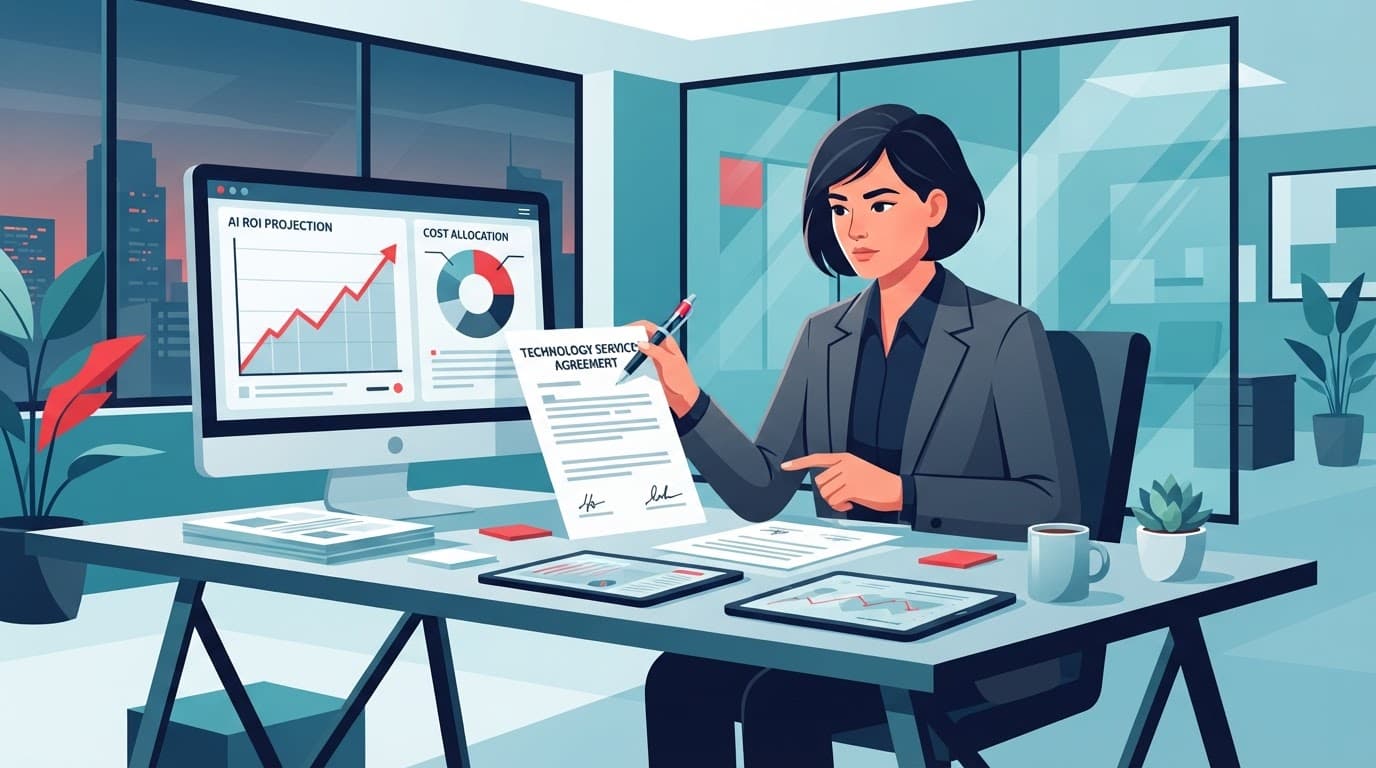 An executive reviews a technology contract and financial charts at a desk in a vector illustration.