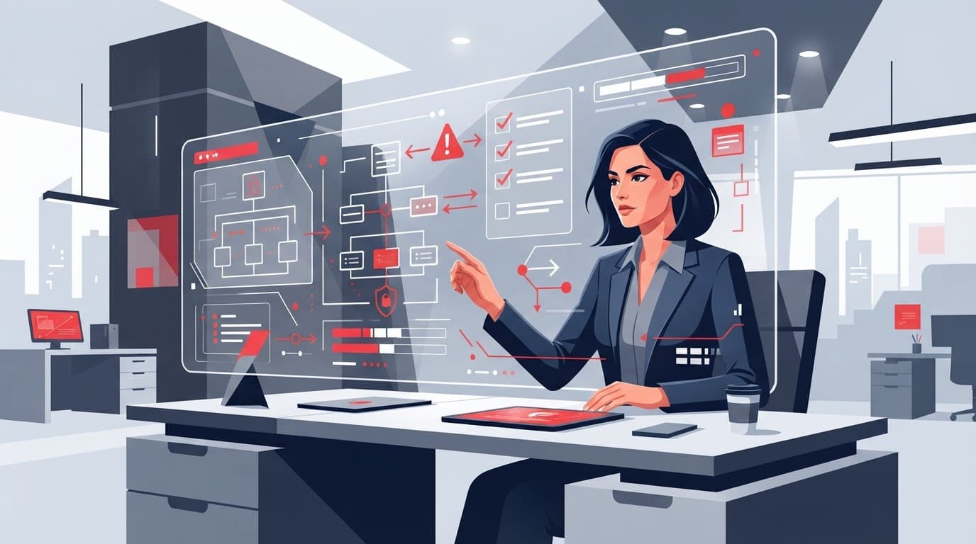 An executive reviewing digital architecture diagrams and security checklists.
