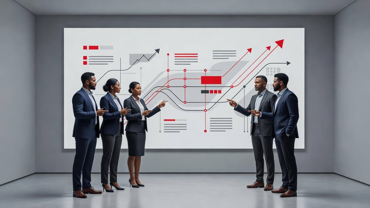 An executive team reviewing a technology strategy roadmap on a large screen with red accents.