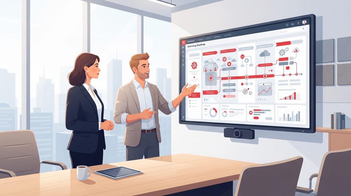 Two professionals review a technology roadmap on a display in a bright conference room.