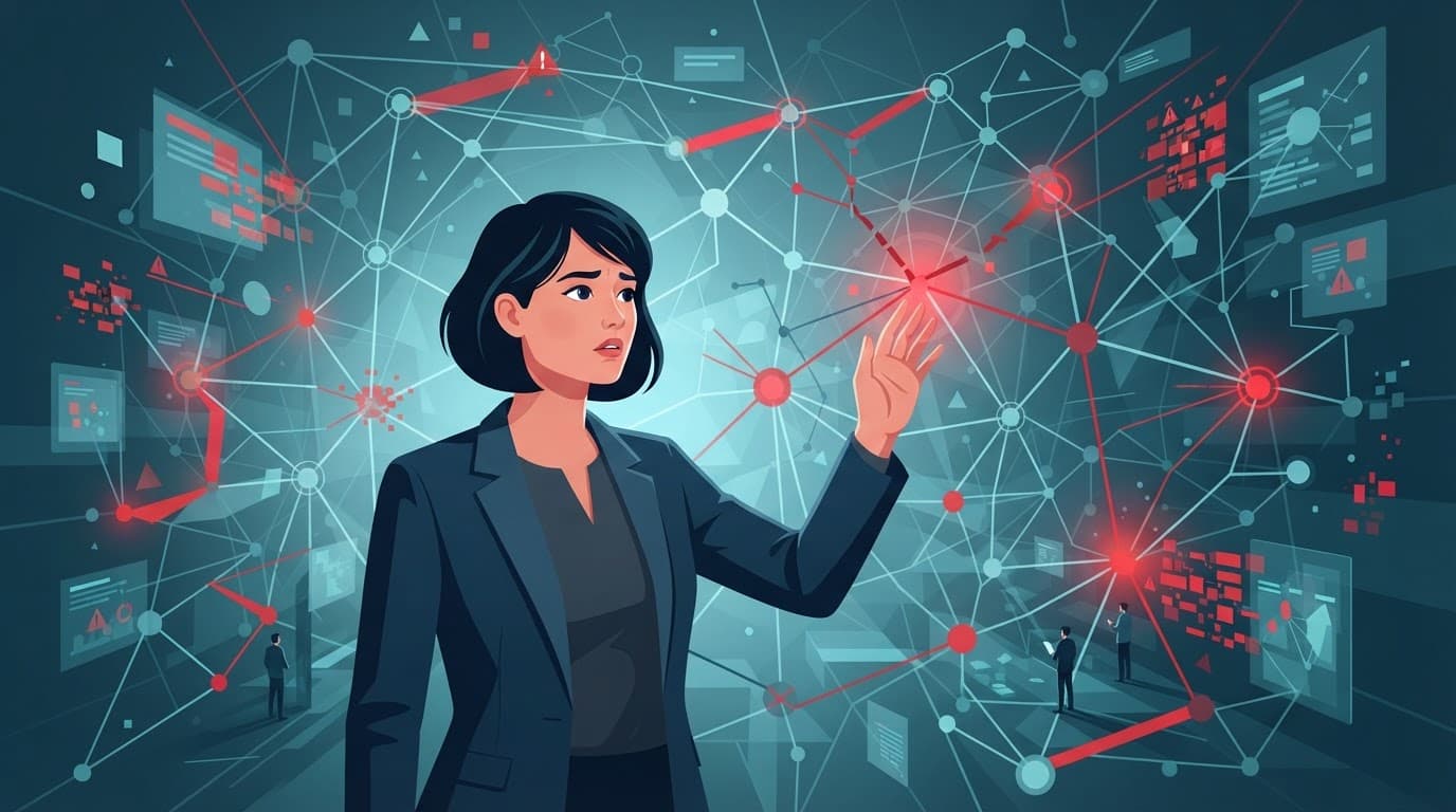 An executive studies a complex digital vendor network with bold red accents.