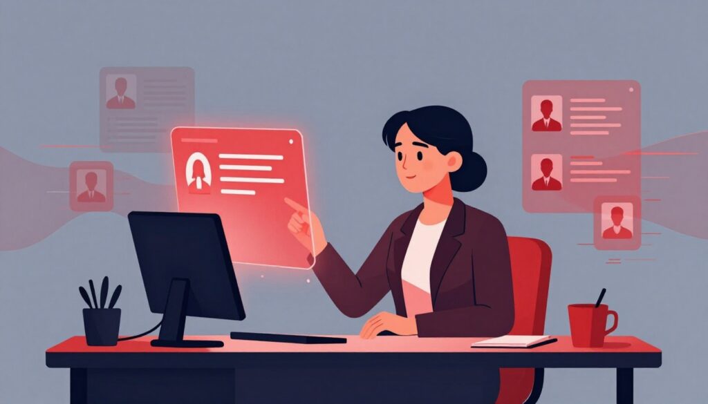 A corporate CEO looks at a glowing red holographic chat interface at her desk.