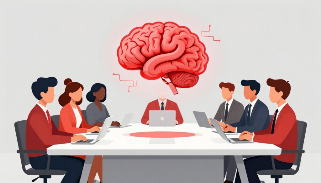 Six professionals seated around a conference table looking at a glowing red AI brain hologram.