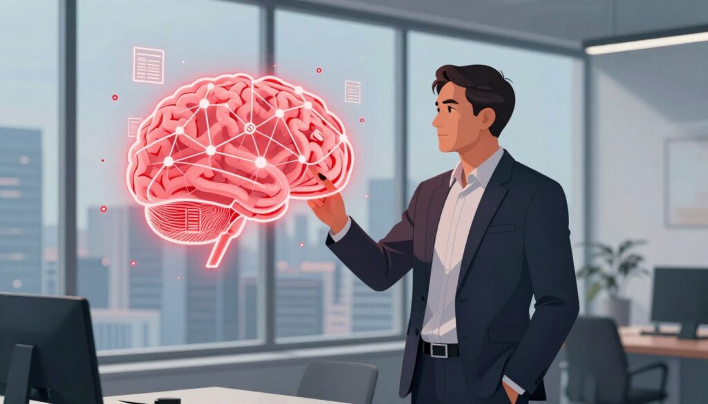 An executive looks at a glowing holographic brain and spreadsheet risk display in an office.