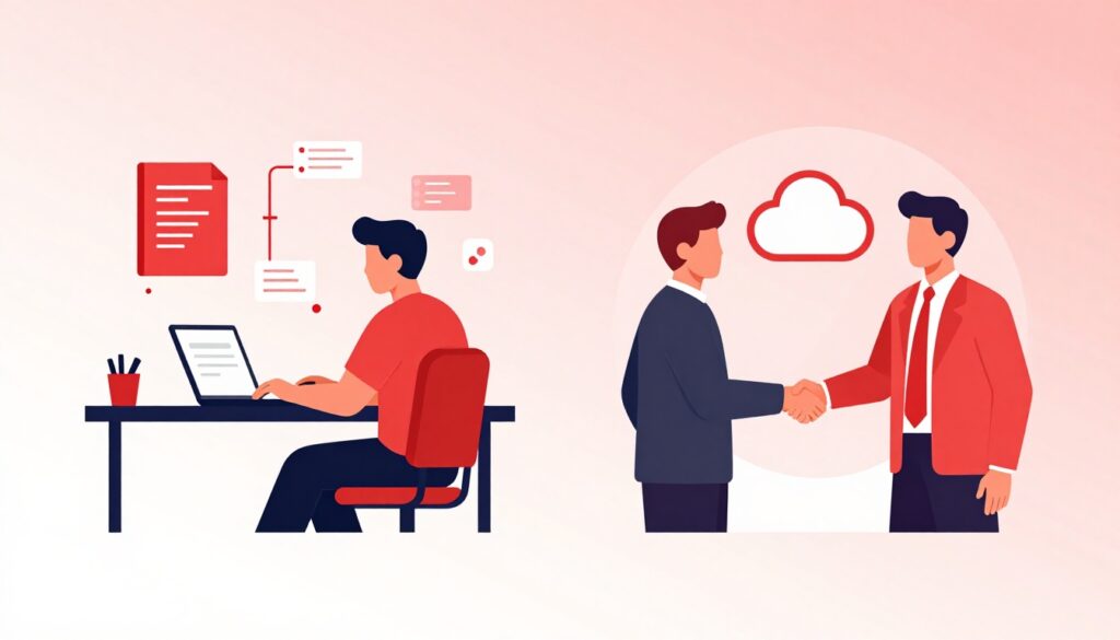 An illustration comparing a software developer coding to an executive shaking hands with a vendor.