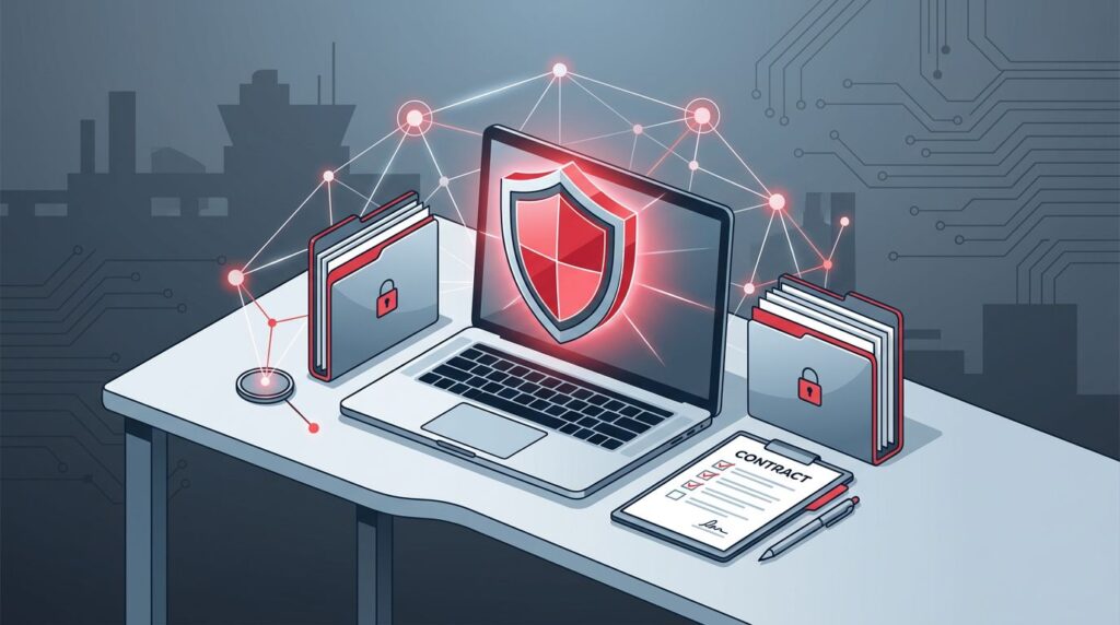 A glowing cybersecurity shield, secured folders, and a checklist on a desk with network nodes.
