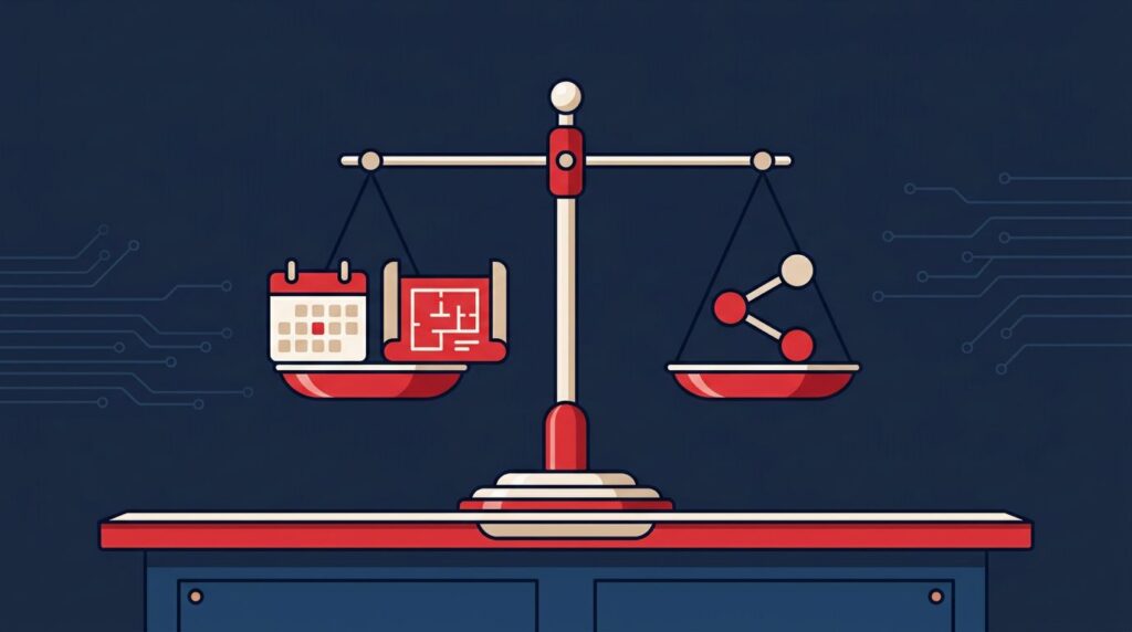 A balance scale on a dark desk with objects representing different pricing models.