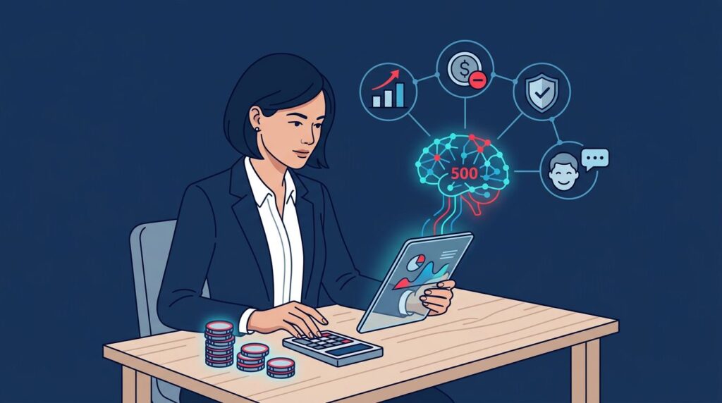 CFO reviewing connected business icons beside a calculator and coins.