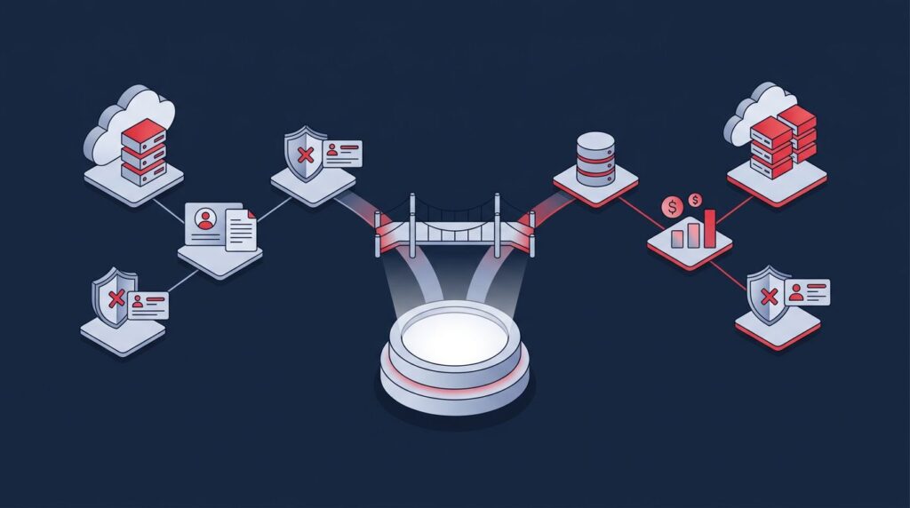 A glowing data hub separating into two independent technology networks on a dark background.
