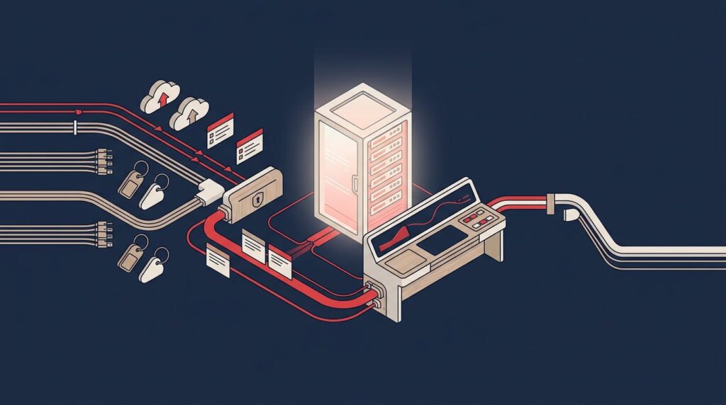 A glowing server cabinet and access keys connecting to a secure console on a dark navy background.