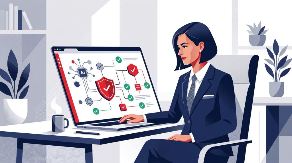 A CEO in a suit reviews data on a glowing laptop with security shield graphics.