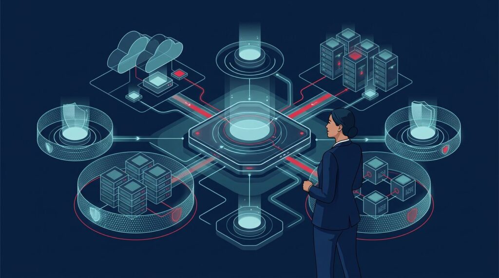 An executive reviews a connected technology platform with cloud, server, vendor, and security systems.