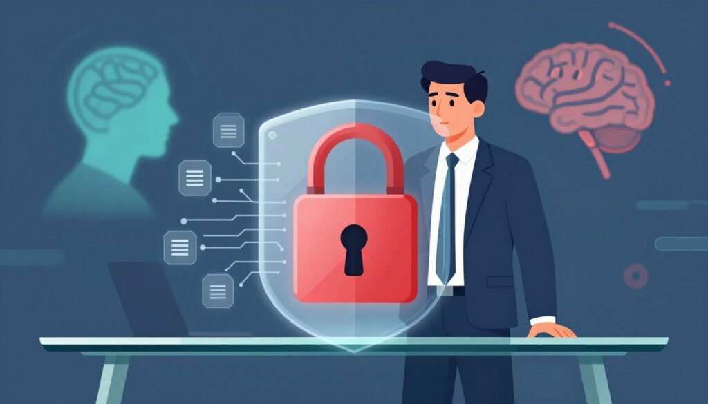 A business executive standing beside a table with a glowing digital security shield.