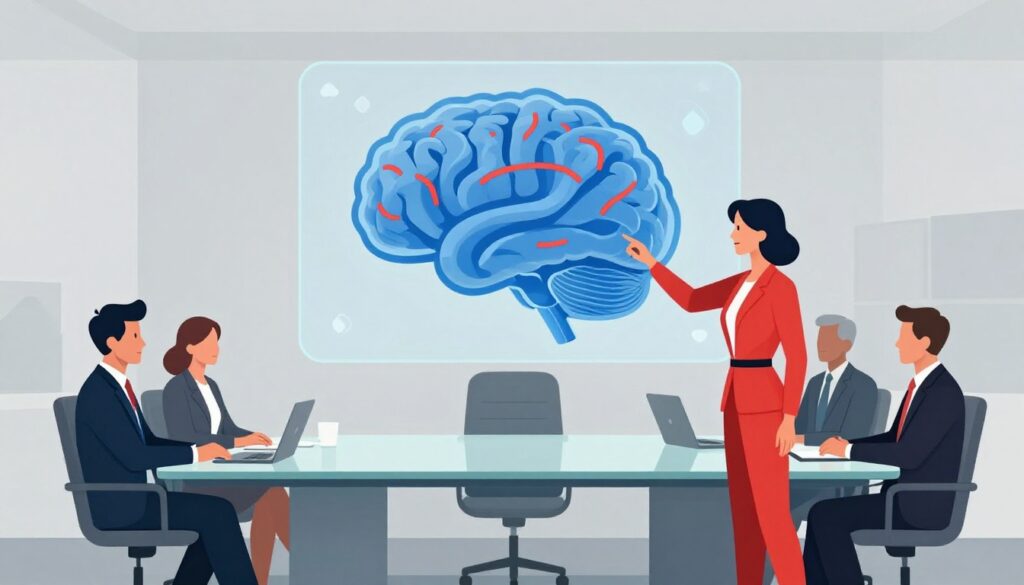 A chairwoman presents a glowing AI brain hologram to executives around a boardroom table.