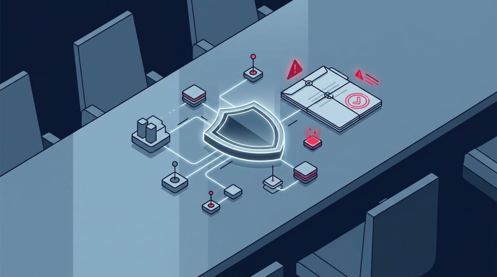 An aerial view of a glowing cybersecurity shield and network nodes on a dark boardroom table.