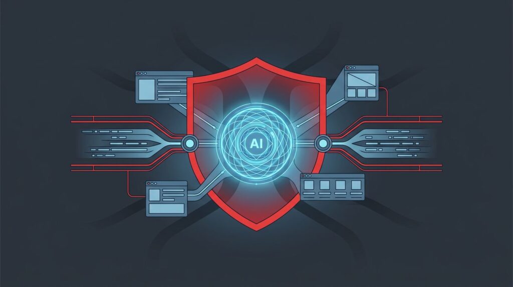 A glowing tech hub with a red security shield and organized data pathways.