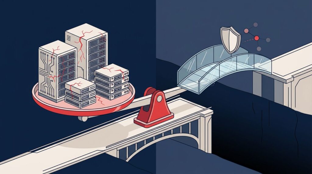 A balance scale illustrating technical debt on one side and a fragile trust bridge on the other.