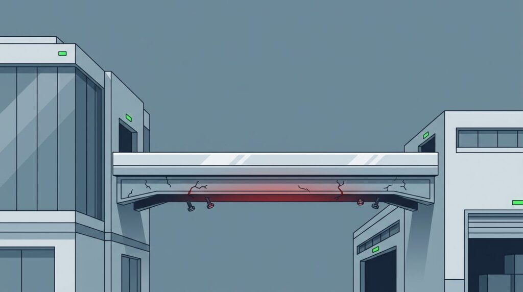 A polished bridge between two buildings shows cracks and a red warning glow.