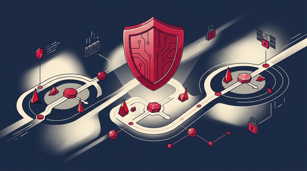 A glowing red security shield oversees a structured three-stage cybersecurity roadmap on a dark background.