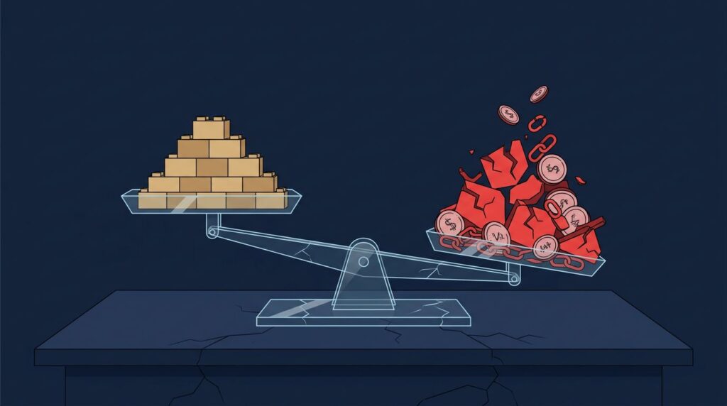 A glass balance scale with golden blocks on one side and red cracks on the other.