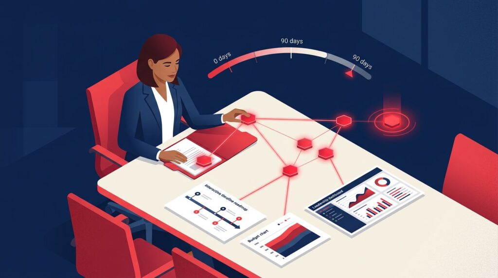 An operating partner connects diligence report nodes to a roadmap and dashboard at a conference table.