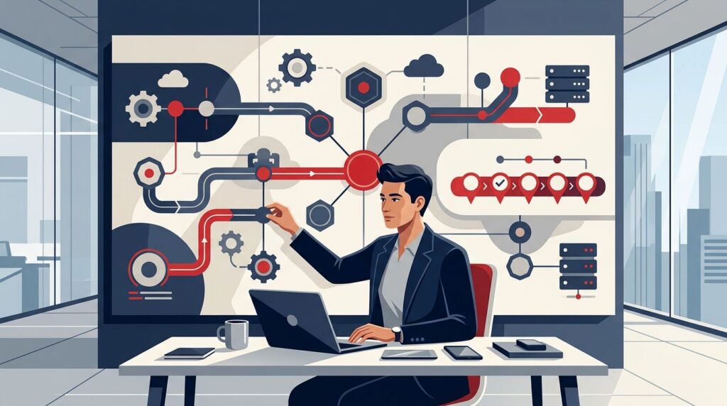 A technology leader organizes a connected roadmap with gears, clouds, and milestones.