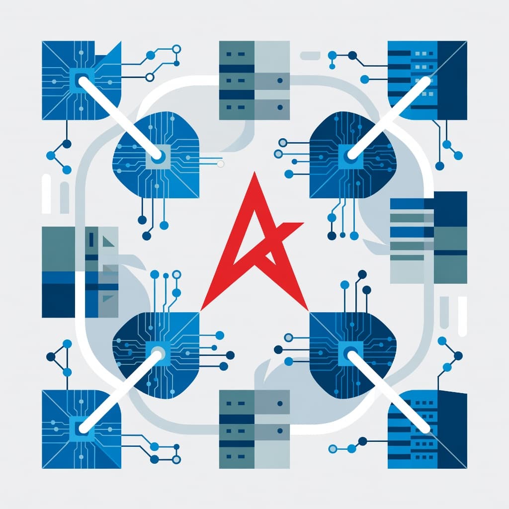 Geometric shapes and lines converge around a bold red central icon in this minimalist boardroom conceptual graphic. Various abstract forms symbolize a professional environment focused on collaborative technical leadership and decision-making.