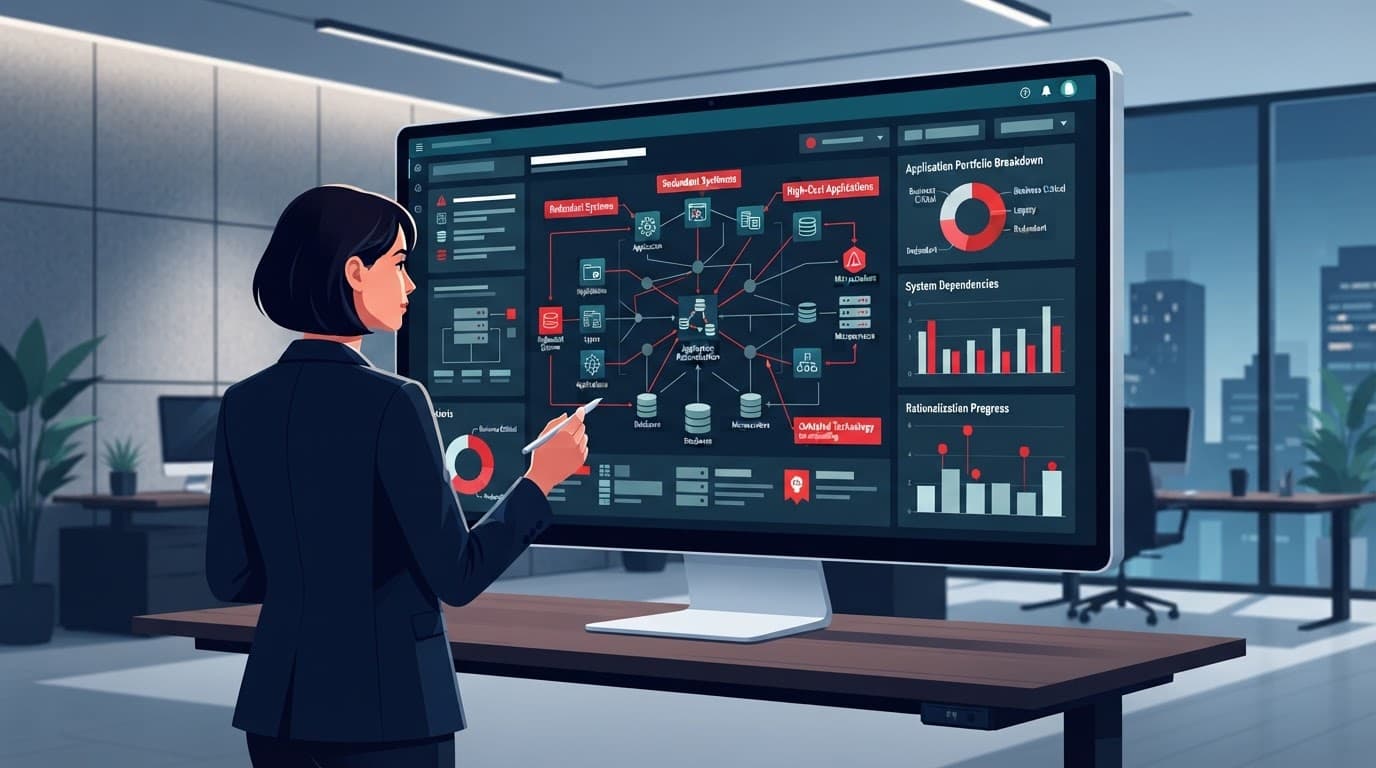 A professional reviewing an IT inventory dashboard on a wide monitor.