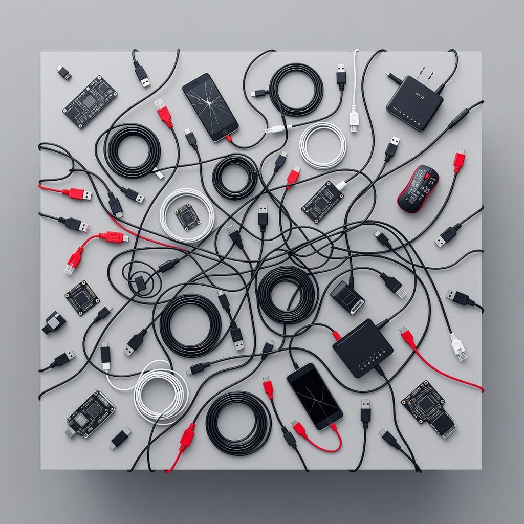 A top-down view shows a desk surface covered in numerous tangled cables and scattered electronic components. Small tech devices are arranged unevenly, highlighted by sharp red accents against neutral grey tones.