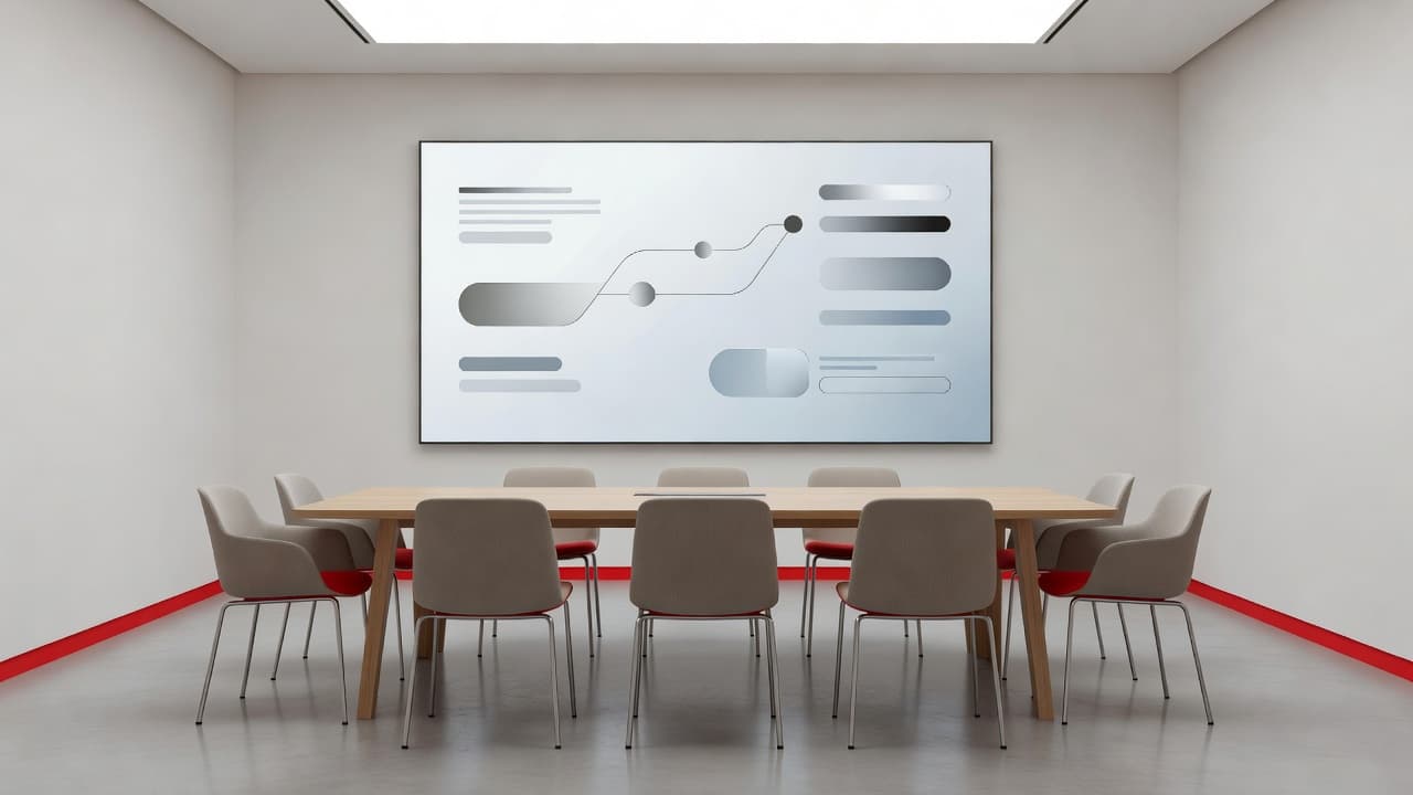 A sleek conference space features a wall-mounted display showing a minimalist abstract data dashboard. Vivid red accent chairs face the screen, grounded by polished concrete floors and soft diffused ambient lighting.