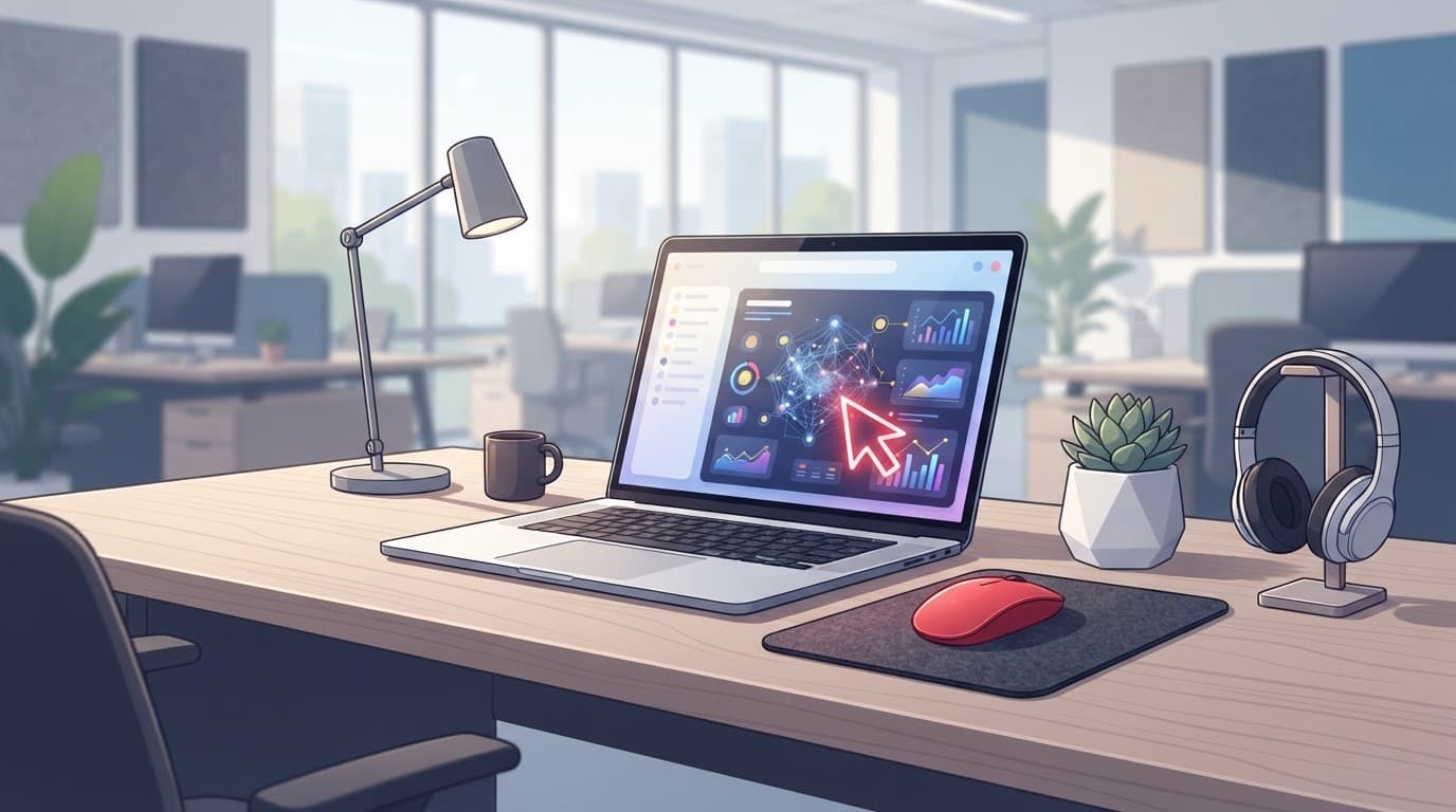 An open laptop sits on a clean modern office desk with soft lighting and red accents.