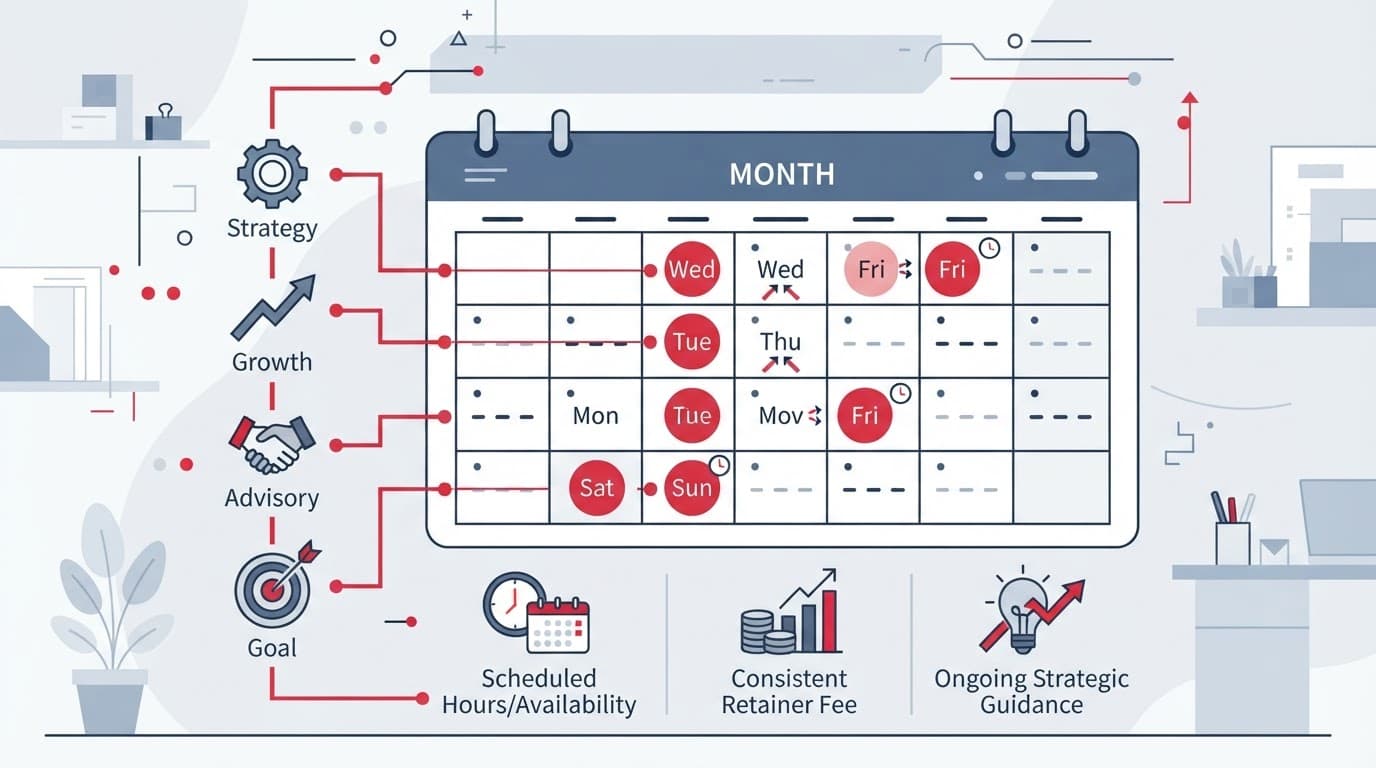 A minimal vector graphic showing a red calendar and meeting icons for monthly advisory retainers.