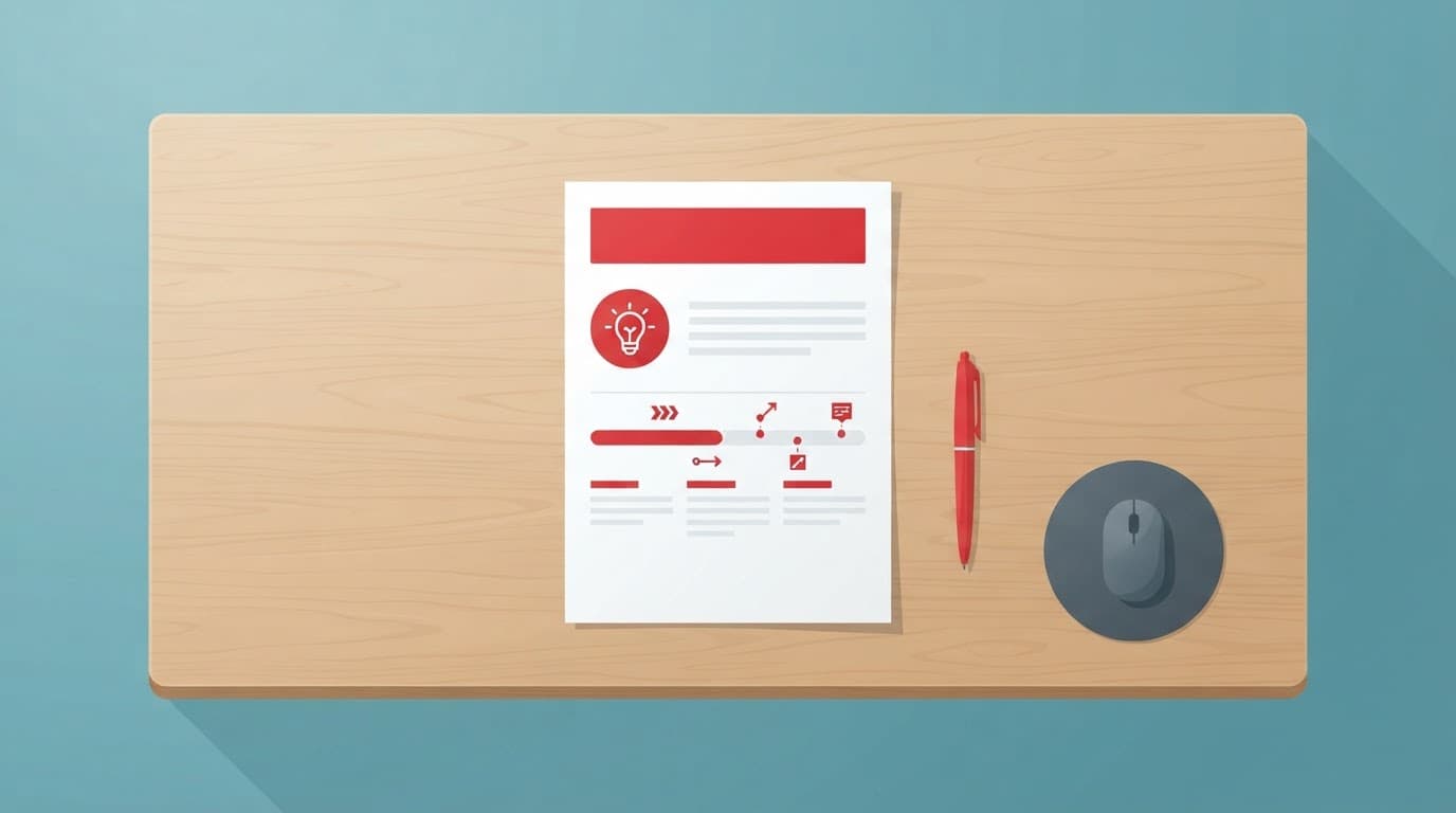 An agency single strategy brief rests on a clean desk with a bold red accent.